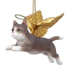 4" Flying Gray Cat Hand Painted Holiday Ornament