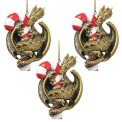 Set Of 3 Gold And Red Sugar Breathing Dragon Ornaments 4"