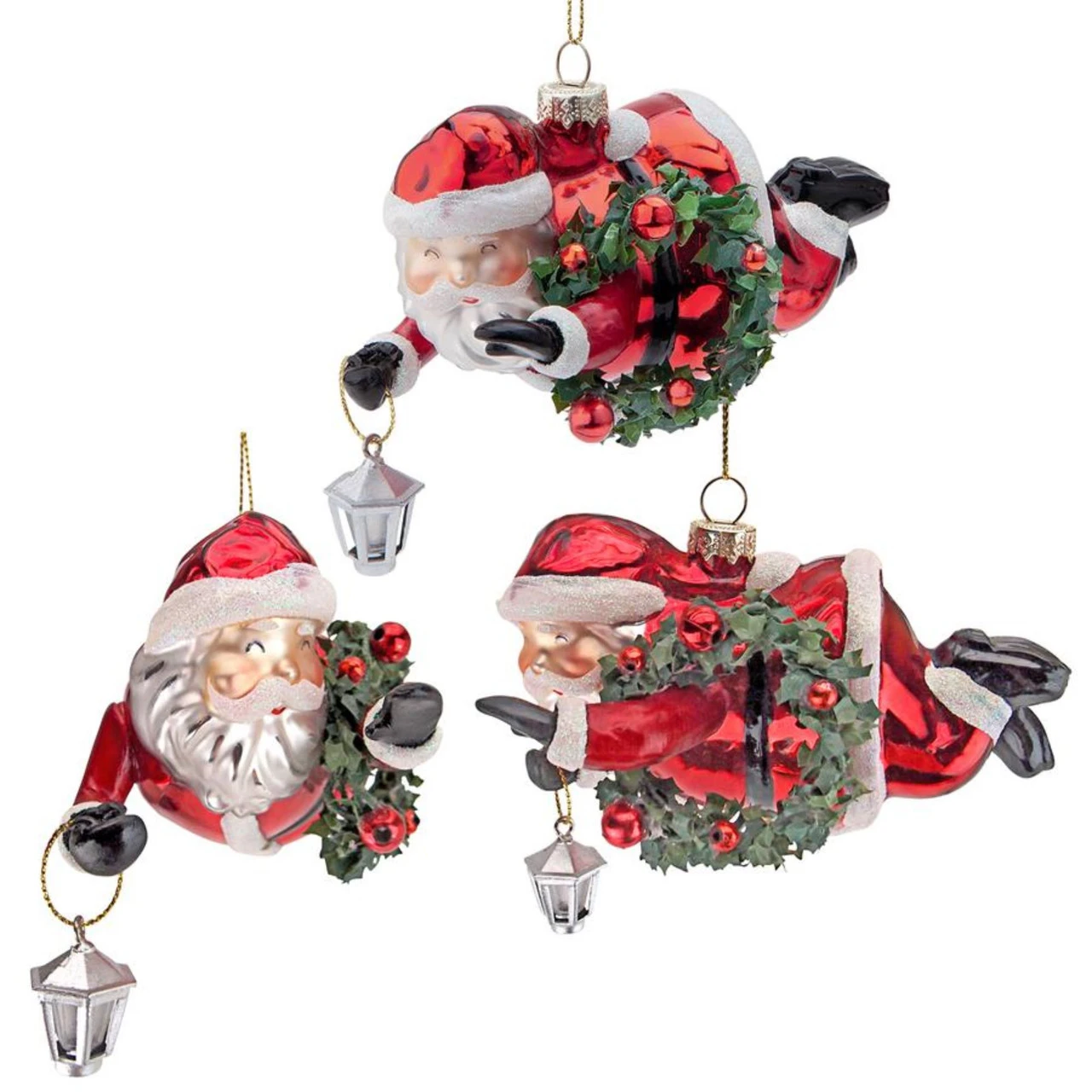 3ct Red And White Flying Super Santa Blown Glass Christmas Ornament 4" 3 3ct Red And White Flying Super Santa Blown Glass Christmas Ornament 4"