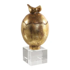 10" Antique Gold Hatched Egg Box With Perched Bird Handle Lid