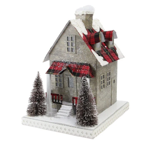 Northlight 10" Brown And Red Battery Operated LED Tartan House Christmas Decor 4 Northlight 10" Brown And Red Battery Operated LED Tartan House Christmas Decor - Image 2