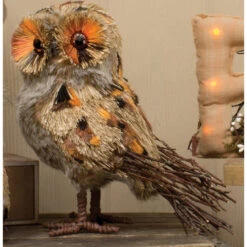 10" Medium Orange And Black Furry Owl Table Top Decoration