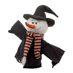 8" Plush Snowman In Black Witch's Hat And Scarf Christmas Figure