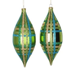 4ct Green And Blue Plaid Shatterproof Glitter Finial Drop Christmas Ornaments 7"
