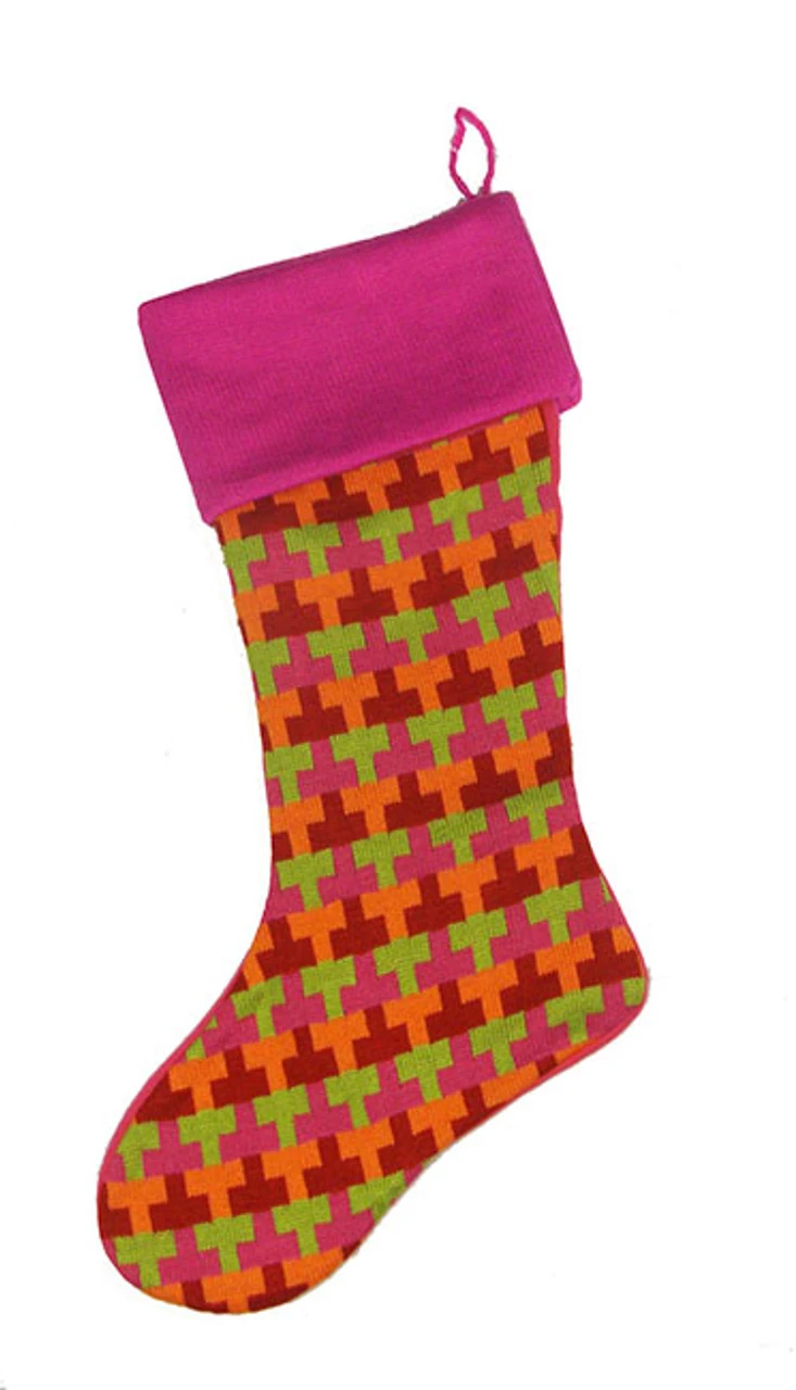 18.5" Pink And Green Knitted T Patterned Christmas Stocking 3 18.5" Pink And Green Knitted T Patterned Christmas Stocking