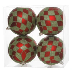 4ct Red And Lime Green Shatterproof Diamond Accent Christmas Ball Ornaments 4" (100mm)