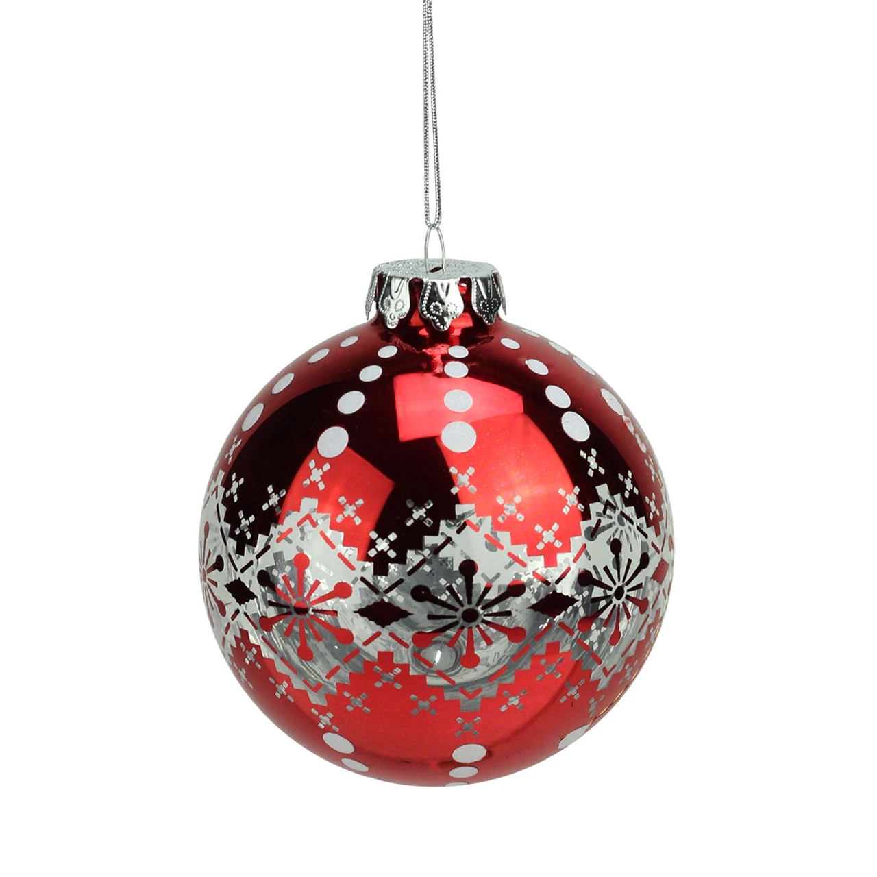Red And White Snowflake Fair Isle Nordic Design Christmas Ball Ornament 3.75" (95mm) 3 Red And White Snowflake Fair Isle Nordic Design Christmas Ball Ornament 3.75" (95mm)