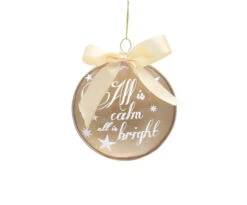 Melrose 4" Ivory And Brown 'All Is Calm All Is Bright' Glass Disc Christmas Ornament