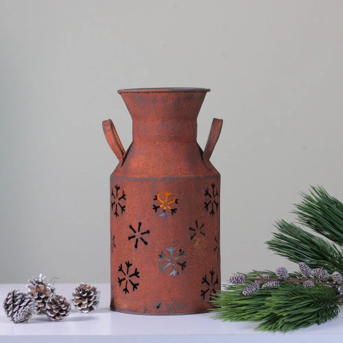20" Brown Rusty Tin Snowflake Christmas Milk Jug 5 20" Brown Rusty Tin Snowflake Christmas Milk Jug - Image 3