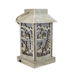 9.5" Lighted Wooden Reindeer And Cabin Silhouette Lantern Christmas Decoration