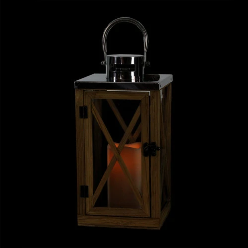 13.5" Rustic Wood And Stainless Steel Lantern With LED Flameless Pillar Candle With Timer 5 13.5" Rustic Wood And Stainless Steel Lantern With LED Flameless Pillar Candle With Timer - Image 3