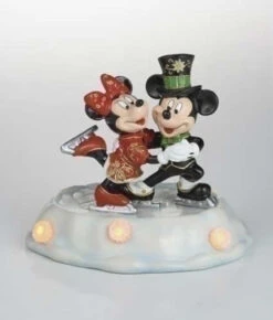 Roman Pre-Lit Black And Red Cloisonne Mickey With Minnie Skating Christmas Figurine 7"