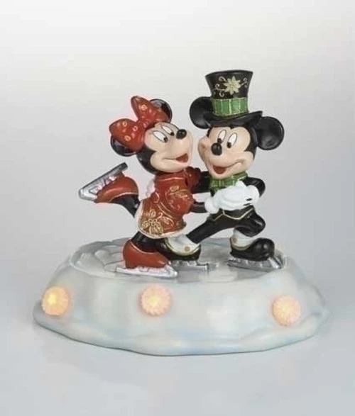 Roman Pre-Lit Black And Red Cloisonne Mickey With Minnie Skating Christmas Figurine 7" 3 Roman Pre-Lit Black And Red Cloisonne Mickey With Minnie Skating Christmas Figurine 7"