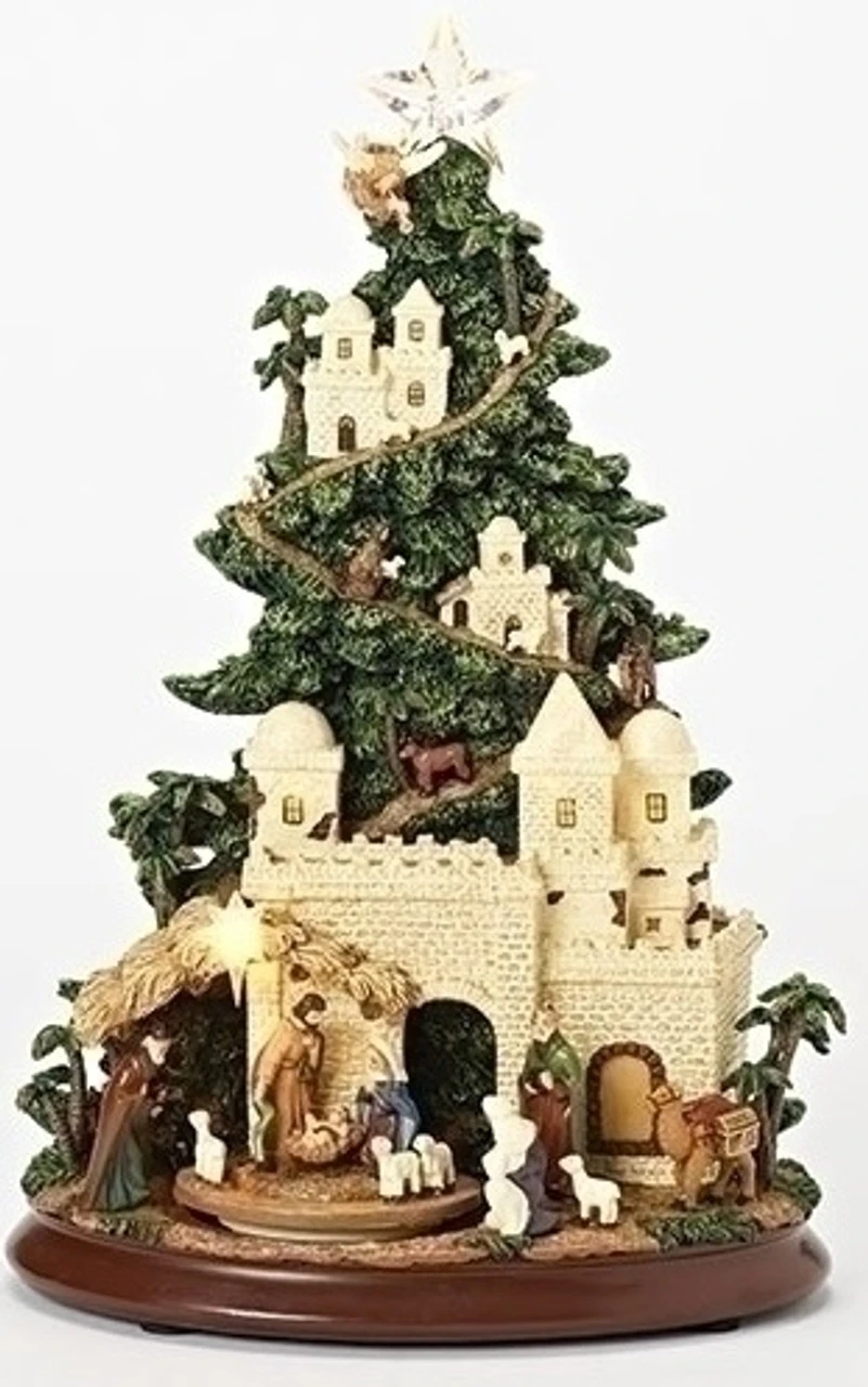 Set Of 2 Musical LED Nativity Tree With Triple Rotation Decorative Figurine 13" 3 Set Of 2 Musical LED Nativity Tree With Triple Rotation Decorative Figurine 13"