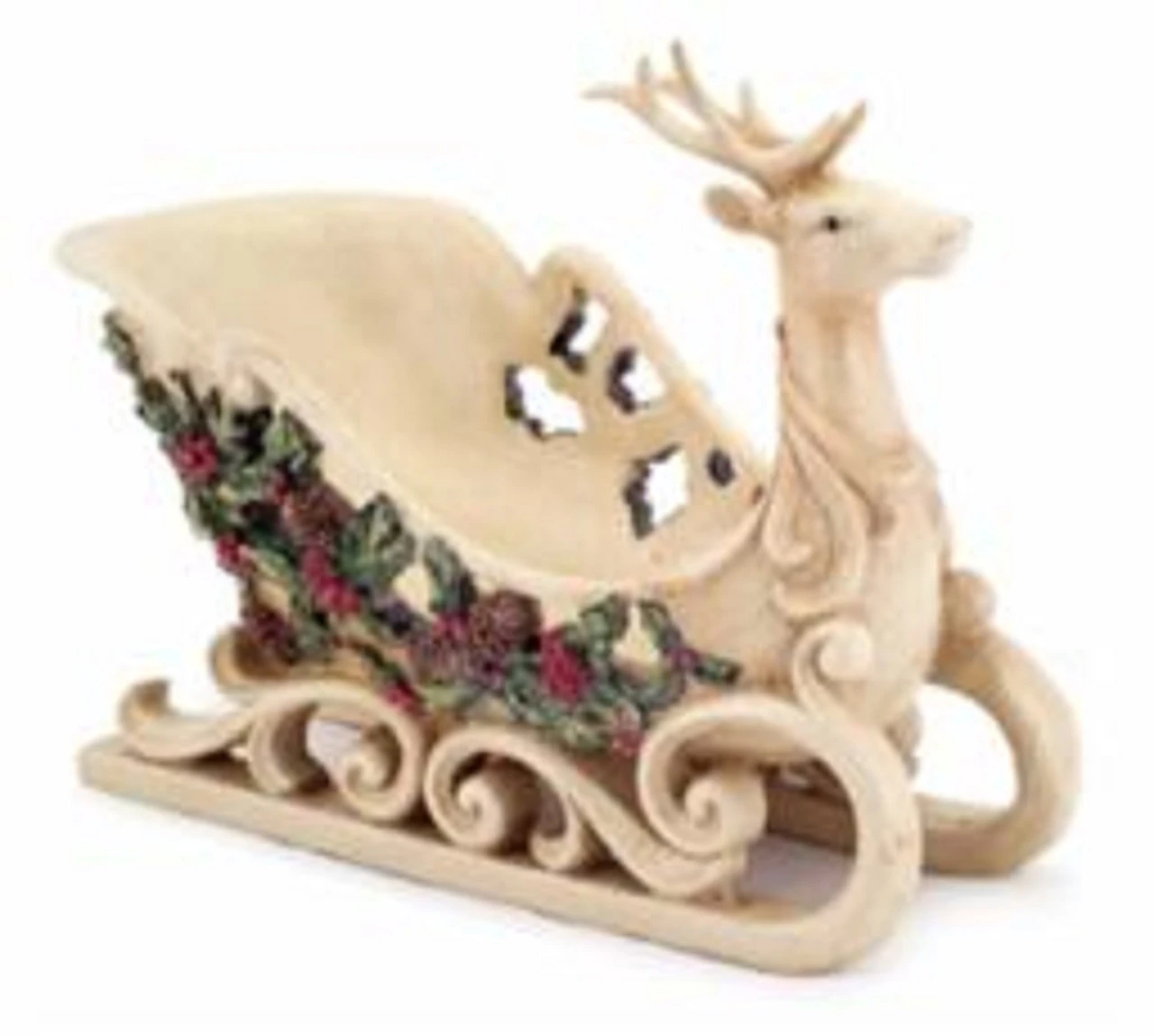 Melrose 9" Beige Reindeer Sleigh With Holly Leaves And Berries Christmas Tabletop Decor 3 Melrose 9" Beige Reindeer Sleigh With Holly Leaves And Berries Christmas Tabletop Decor