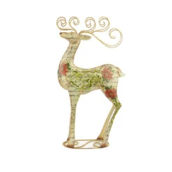 17" Vintage Postcard Poinsettia Glitter Reindeer Christmas Tabletop Decoration