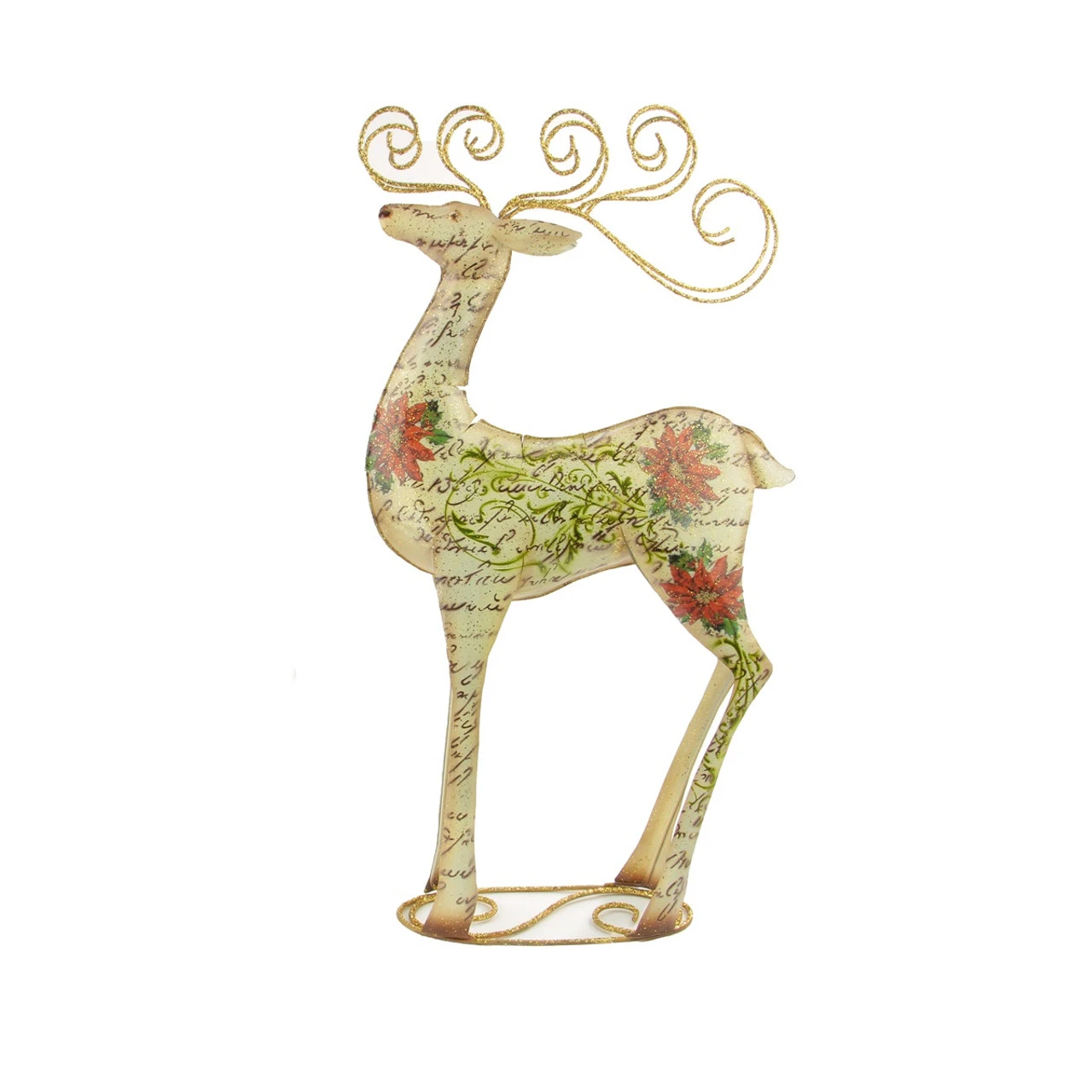 17" Vintage Postcard Poinsettia Glitter Reindeer Christmas Tabletop Decoration 3 17" Vintage Postcard Poinsettia Glitter Reindeer Christmas Tabletop Decoration