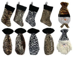 10-Piece Brown Animal Print Christmas Stocking And Wine Gift Bag Set 15"