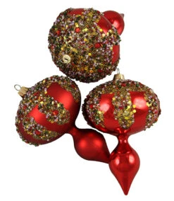 3ct Red Shatterproof Glitter Sequin Beaded Christmas Finial Ornaments 5"