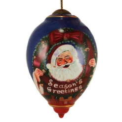 7" Blue And Red "Season's Greetings" Hand-Painted Blown Glass Christmas Finial Ornament