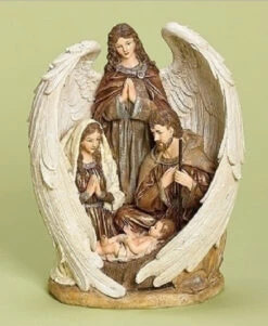 Roman 12.5" Brown And White Inspirational Holy Family With Angel Christmas Nativity Figurine