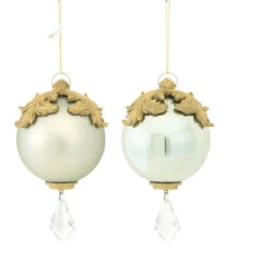 Melrose Set Of 2 White And Gold Raised Acanthus Leaf With Clear Jewel Dangle Christmas Ornament 6.5"