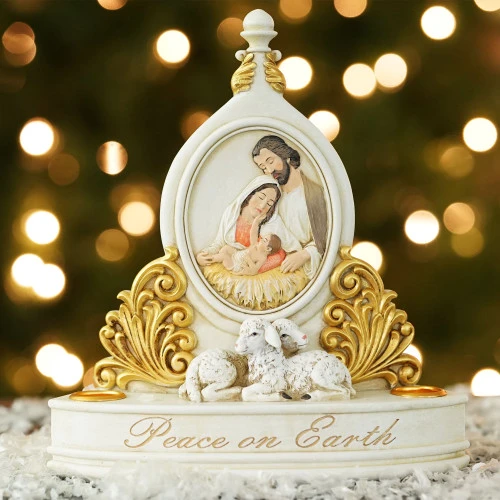 Roman 8.5" White And Gold Holy Family "Peace On Earth" Christmas Candle Holder 4 Roman 8.5" White And Gold Holy Family "Peace On Earth" Christmas Candle Holder - Image 2