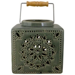 6.75" Dark Olive Green Square Crackle Finish Mosaic Cut Out Candle Lantern -Ornaments Store koop20095702040 a 15127.1588417583
