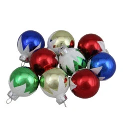 Kurt Adler Set Of 9 Traditional Multi-Color Snow Dripping Shiny Glass Ball Christmas Ornaments 1.4"