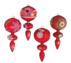 Set Of 4 Dazzling Red Snowflake Glass Finial Christmas Ornaments 7"