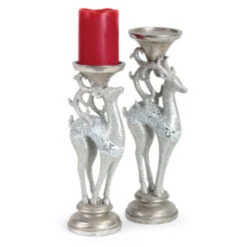 Melrose Set Of 2 Silver Deer Christmas Pillar Candle Holders 14.25"