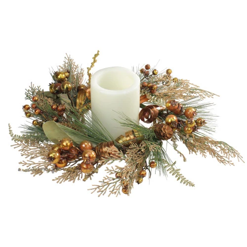 16" Brown Ribbon/Berry/Pine Cone Artificial Christmas Pillar Candle Ring 4 16" Brown Ribbon/Berry/Pine Cone Artificial Christmas Pillar Candle Ring - Image 2