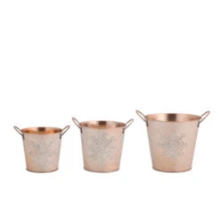Set Of 3 Gold Colored With Silver Glitter Snowflake Designs Christmas Buckets 6.75”