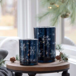 Melrose Set Of 2 Blue And Silver Snowflakes Printed Christmas Candle Holders 7" -Ornaments Store melrose 77592 3 updated 89641.1588358717