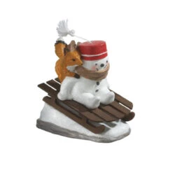 8" White And Red Snowman Riding Sled With Fox Christmas Tabletop Figurine