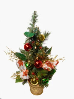 2' Poinsettia Ribbon And Ball Ornament Pre-Lit Decorated Christmas Tree - Clear Lights