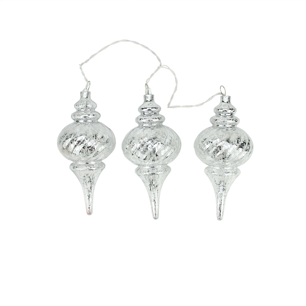 PENN 3ct Silver Lighted Glass Shatterproof Christmas Finial Ornaments 9.75" - Clear Lights 3 PENN 3ct Silver Lighted Glass Shatterproof Christmas Finial Ornaments 9.75" - Clear Lights