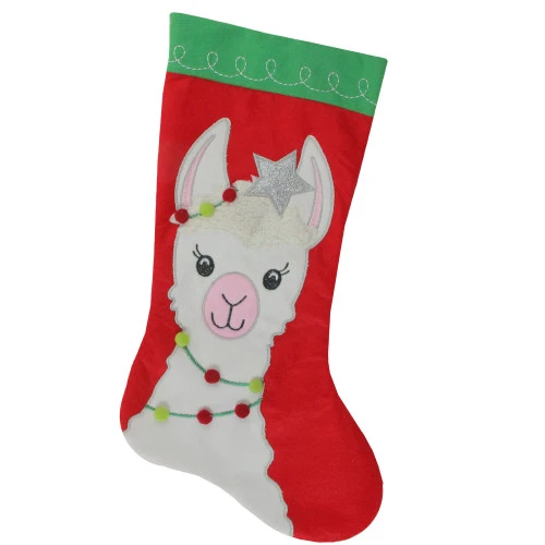 20" Red And Green Christmas Stocking With Festive Llama With Pom Garland Applique 3 20" Red And Green Christmas Stocking With Festive Llama With Pom Garland Applique