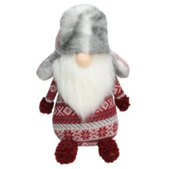Northlight 12" Red And White Nordic Gnome With Pink And Grey Fur Trapper Hat Christmas Decoration
