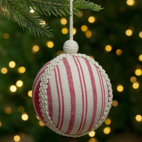 Northlight 4.75" White And Red Striped Ball Christmas Ornament With Rope Accent 4 Northlight 4.75" White And Red Striped Ball Christmas Ornament With Rope Accent - Image 2
