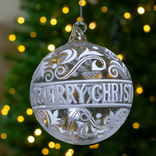Northlight Clear And White Glass Merry Christmas Ball Ornament 6" (150mm) 4 Northlight Clear And White Glass Merry Christmas Ball Ornament 6" (150mm) - Image 2