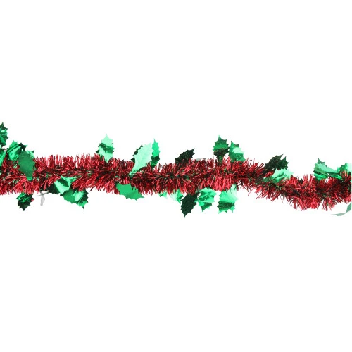 Northlight 50' Shiny Red Christmas Tinsel Garland With Green Holly - Unlit 4 Northlight 50' Shiny Red Christmas Tinsel Garland With Green Holly - Unlit - Image 2
