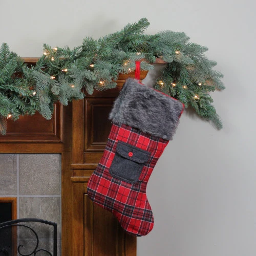 Northlight 20.5" Red And Black Plaid Christmas Stocking With Pocket And Faux Fur Cuff 4 Northlight 20.5" Red And Black Plaid Christmas Stocking With Pocket And Faux Fur Cuff - Image 2