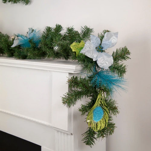Northlight 6' X 9" Peacock Feather And Poinsettia Artificial Christmas Garland, Unlit 4 Northlight 6' X 9" Peacock Feather And Poinsettia Artificial Christmas Garland, Unlit - Image 2