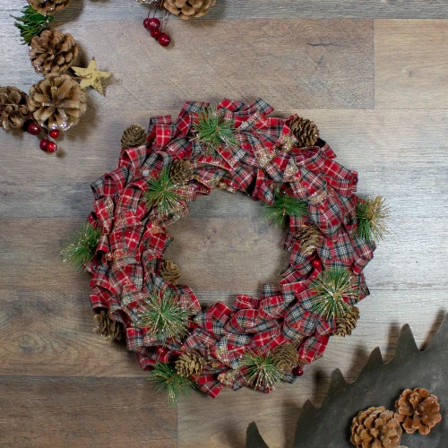 Northlight Red Plaid Bows And Pine Cones Artificial Christmas Wreath, 14.25-Inch, Unlit 4 Northlight Red Plaid Bows And Pine Cones Artificial Christmas Wreath, 14.25-Inch, Unlit - Image 2