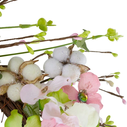 Northlight 18-Inch Pink And Green Hydrangeas With Cotton Artificial Floral Wreath 6 Northlight 18-Inch Pink And Green Hydrangeas With Cotton Artificial Floral Wreath - Image 4