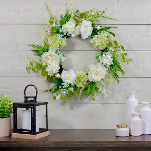 Northlight Peony And Rose Artificial Spring Wreath, White And Green - 24-Inch 4 Northlight Peony And Rose Artificial Spring Wreath, White And Green - 24-Inch - Image 2