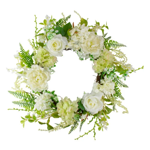 Northlight Peony And Rose Artificial Spring Wreath, White And Green - 24-Inch 3 Northlight Peony And Rose Artificial Spring Wreath, White And Green - 24-Inch