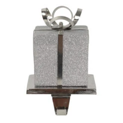 Northlight 5.5" Silver Glitter Gift Box With Bow Christmas Metal Stocking Holder -Ornaments Store northlight wy15258 96889.1691247511