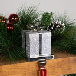 Northlight 5.5" Silver Glitter Gift Box With Bow Christmas Metal Stocking Holder -Ornaments Store northlight wy15258 styled 2 03843.1691247510